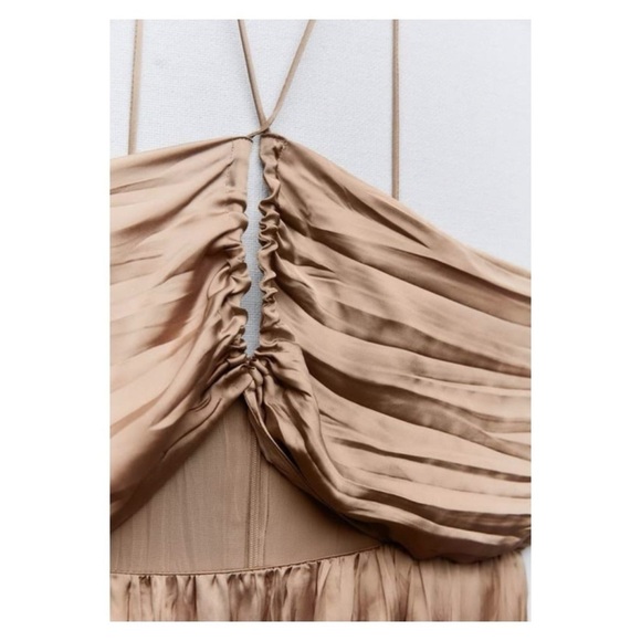 ZARA Gold Satin Cutout Maxi Dress XS | Wrinkle Effect Formal Evening Gown NWT - Picture 7 of 8